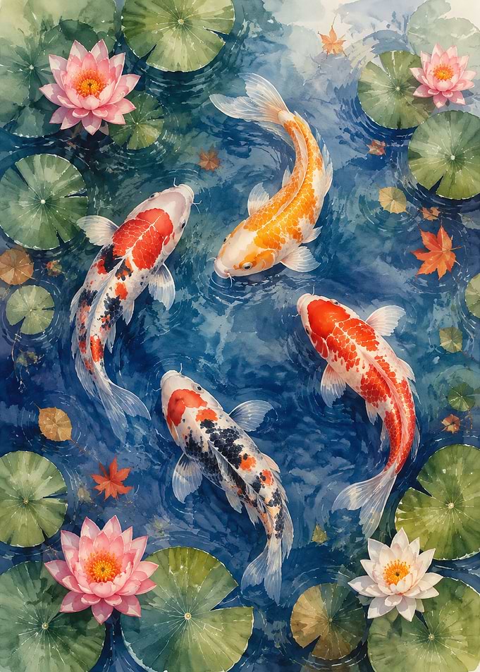 Watercolor Koi Fish and Lotus Pond