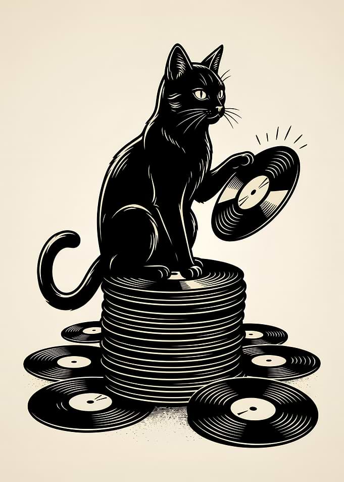 Black Cat DJ with Vinyl Records retro Music