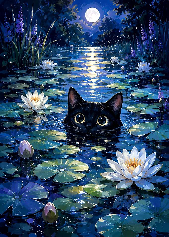 Black Cat in Moonlit Pond