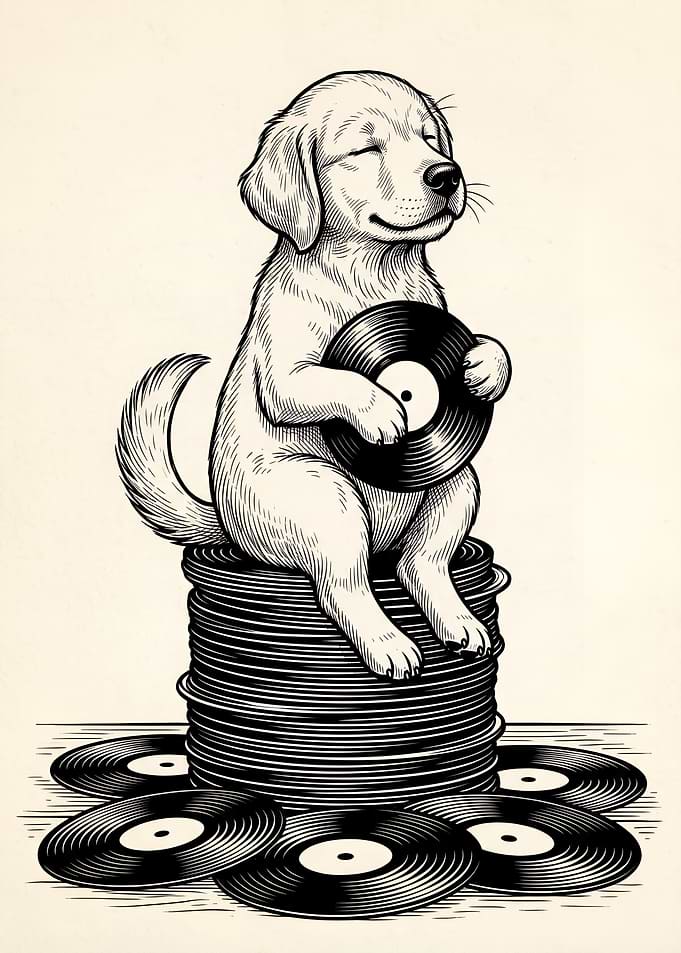 Cute Puppy Sitting on Vinyl Records Music
