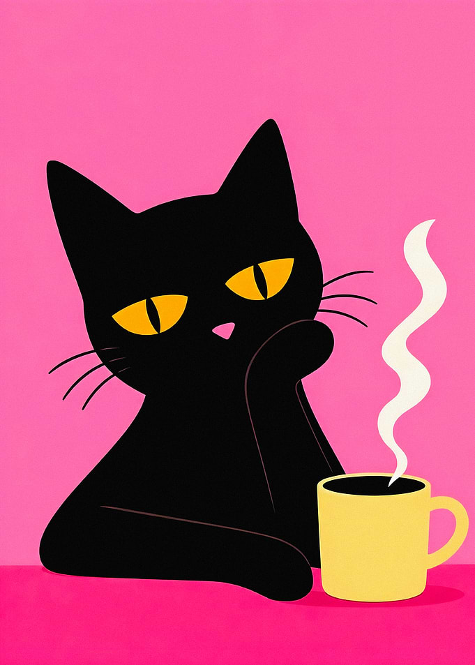 Black Cat with Coffee Mug