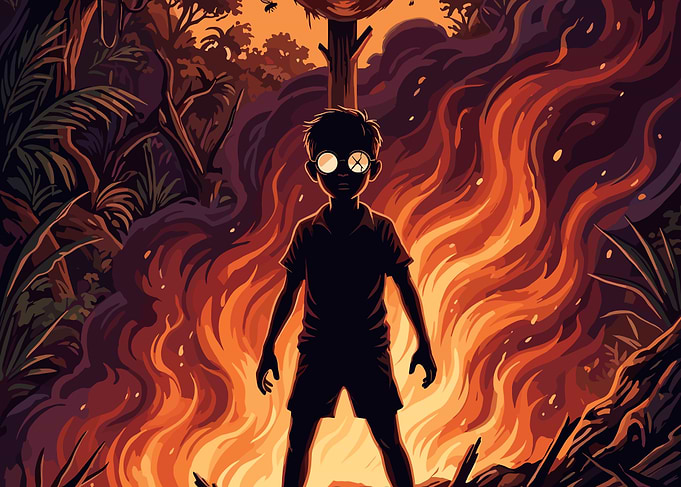 Boy Standing Before Forest Fire