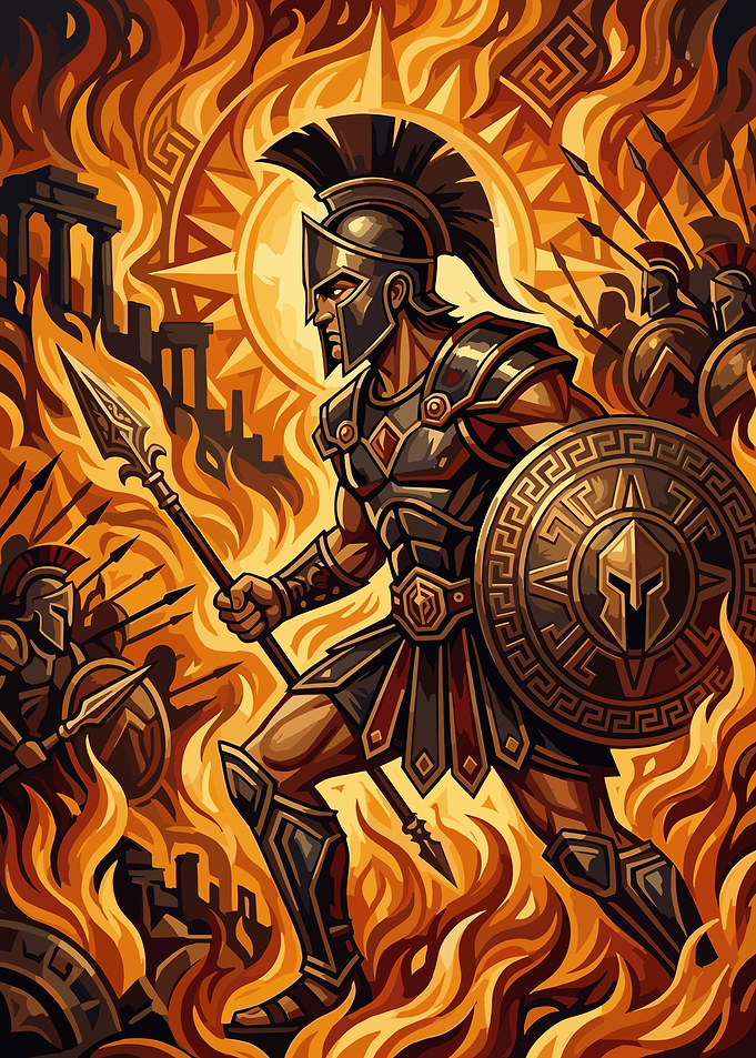 Spartan Warrior in Battle Flames