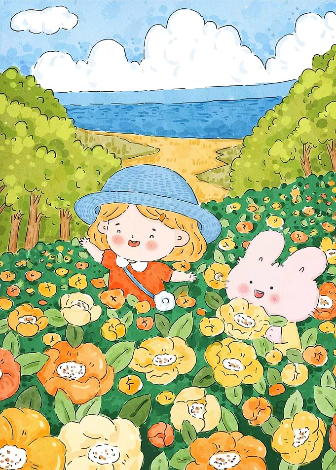 Girl and Bunny in Flower Field