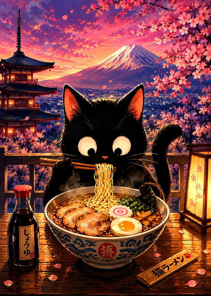 Black Cat Eating Ramen in Japan