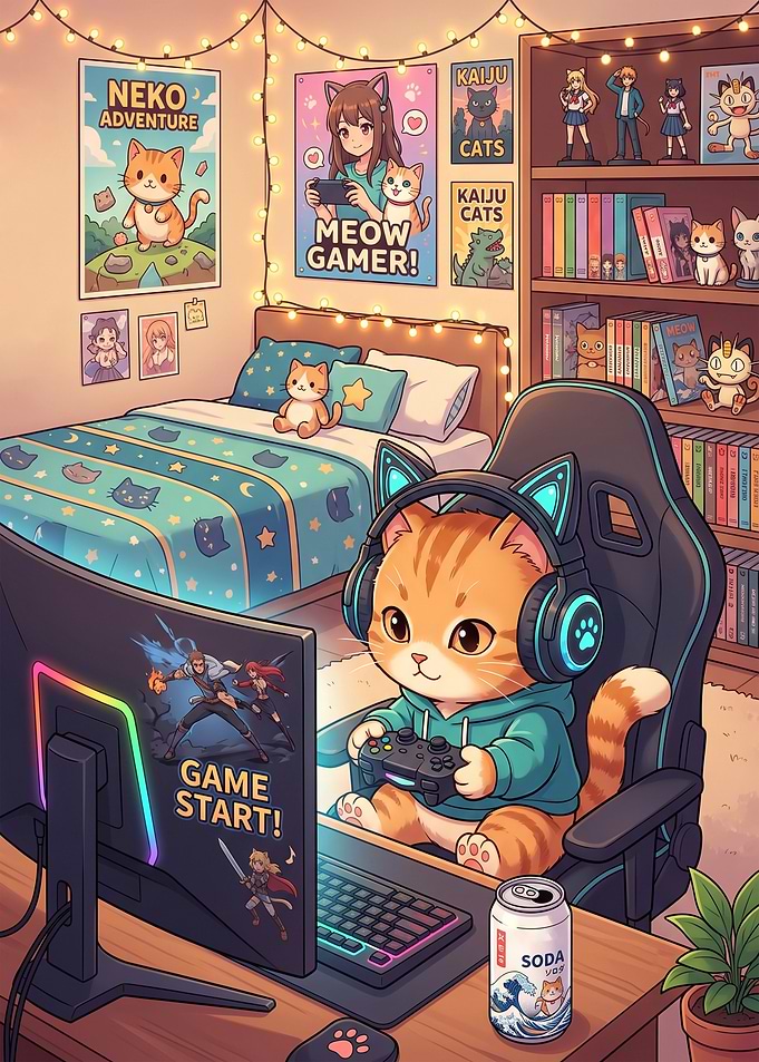 Gamer Cat in Bedroom Headphone Gaming