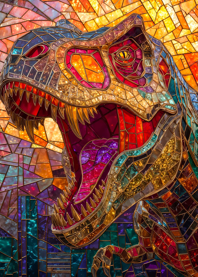 Colorful stained glass roaring t-rex dinosaur