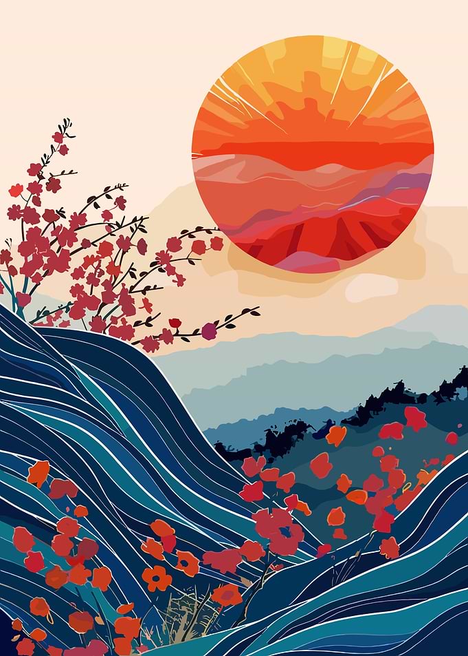 Stylized Japanese Landscape with Sun