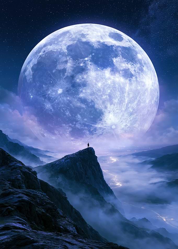Lone Traveler Under Giant Moon