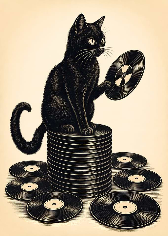 Black Cat Sitting on Vinyl Records Music