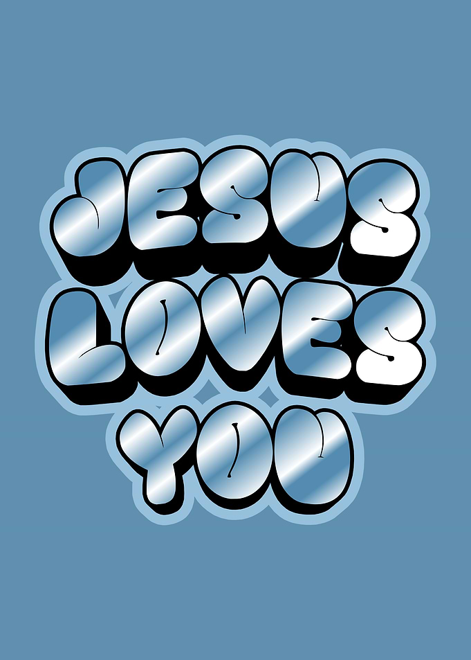 Jesus Loves You Chrome Text Art Blue