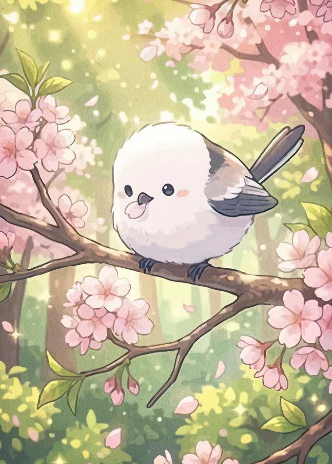 Cute Long-Tailed Tit in Cherry Blossoms
