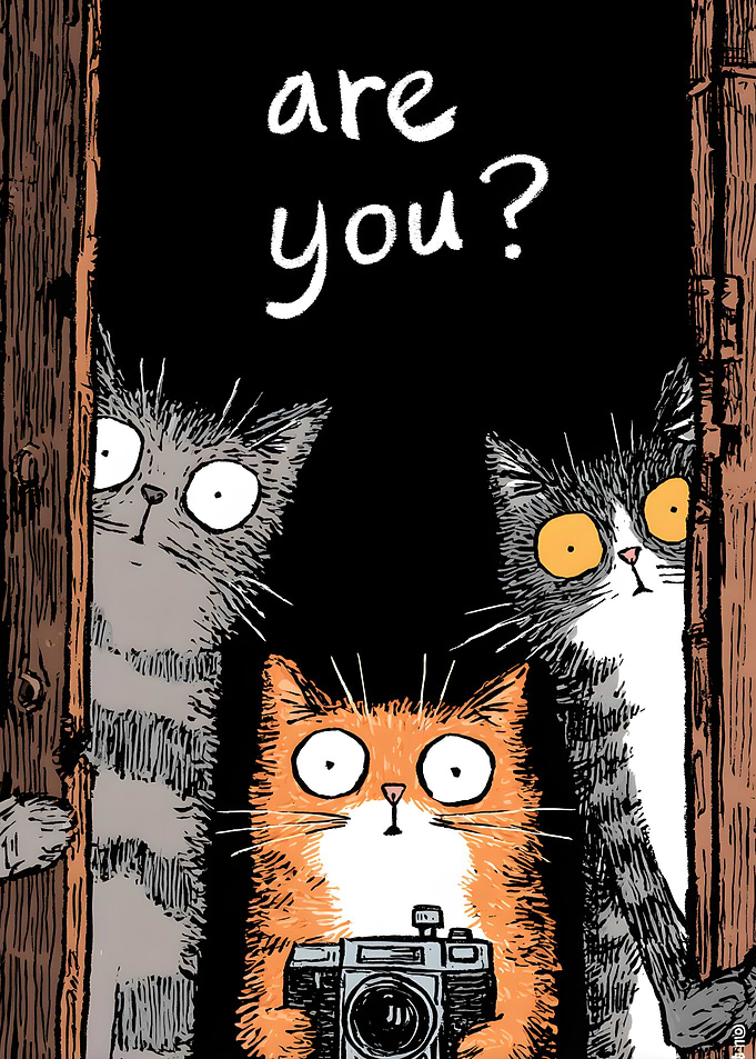 Three Curious Cats Peeking Through Doorway