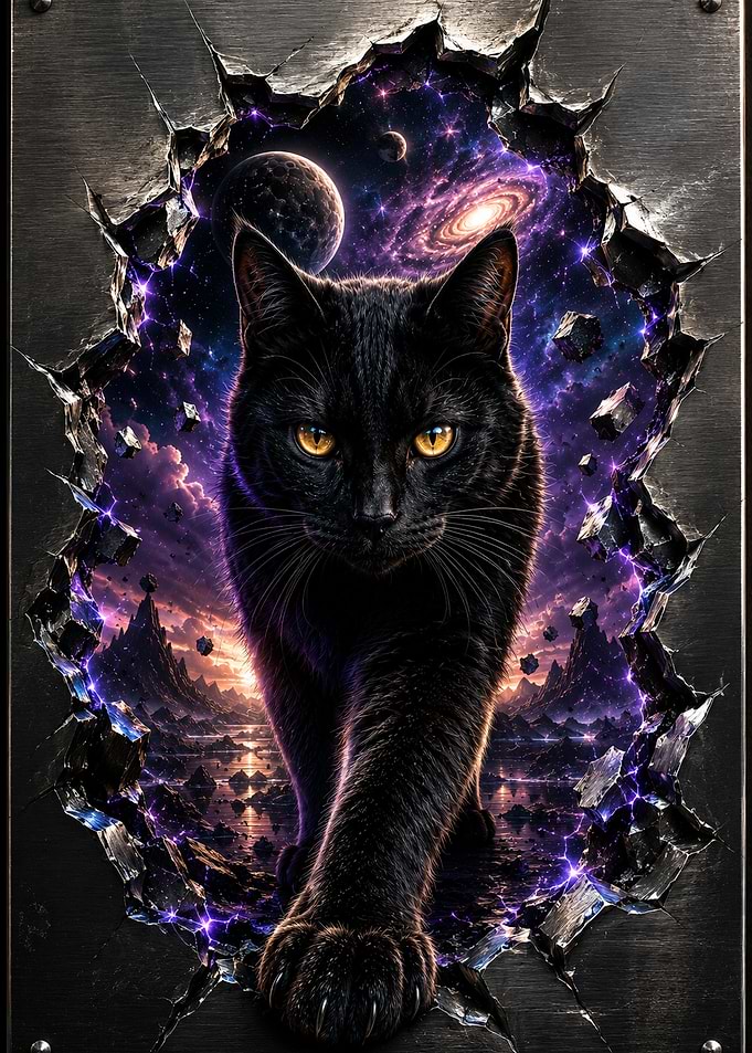 Cosmic Black Cat Breaking Through Metal