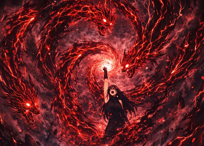 Anime Girl Summoning Red Lightning Dragons