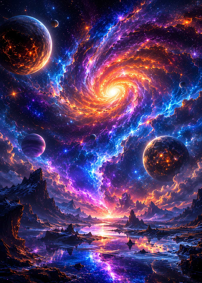 Vibrant Cosmic Galaxy Over Alien Landscape