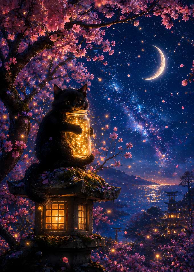 Black Cat Holding Glowing Firefly Jar