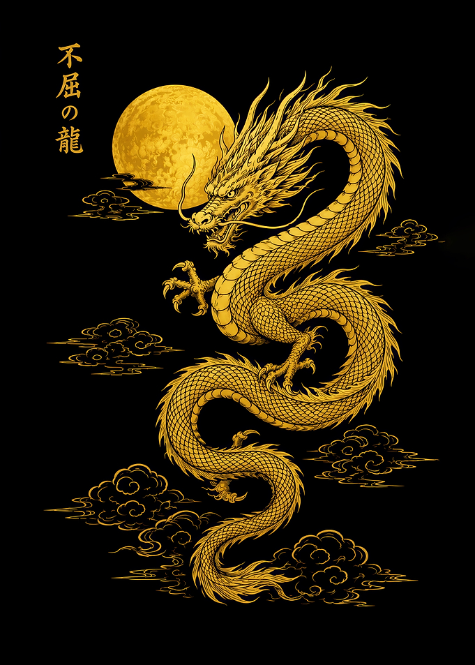 Golden Japanese Dragon and Moon