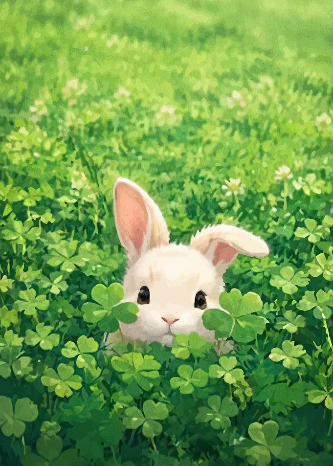 Cute White Bunny in Clover Field