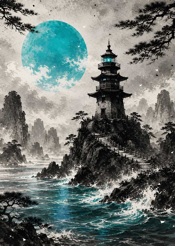 Pagoda Lighthouse Under Teal Moon