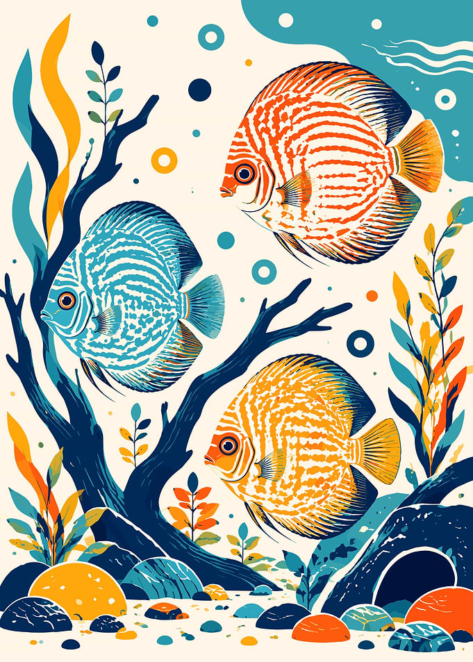 Colorful Discus Fish Underwater Illustration