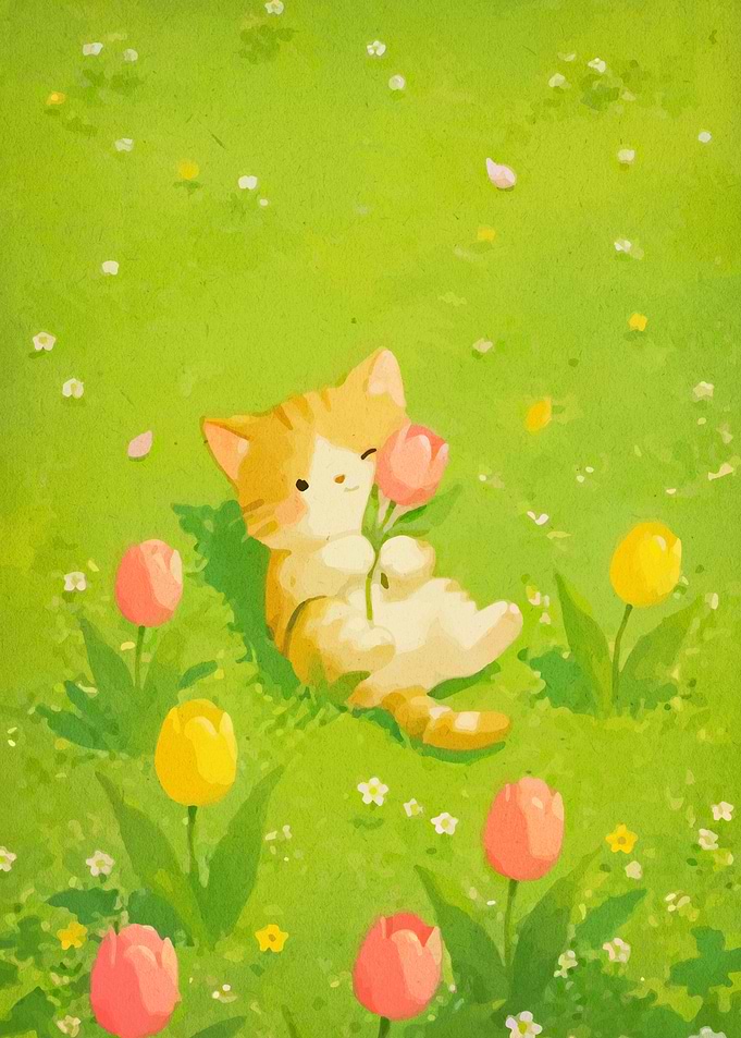 Cute Kitten Holding Tulip in Meadow