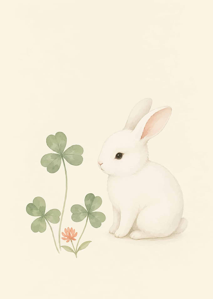 Cute White Rabbit and Clover Illustration