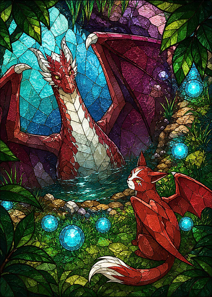 Stained Glass Dragon and Cat mirror