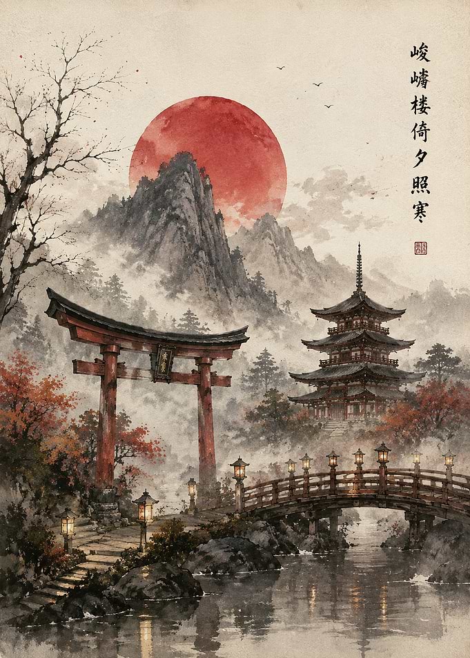 Traditional Japanese Temple Landscape Painting