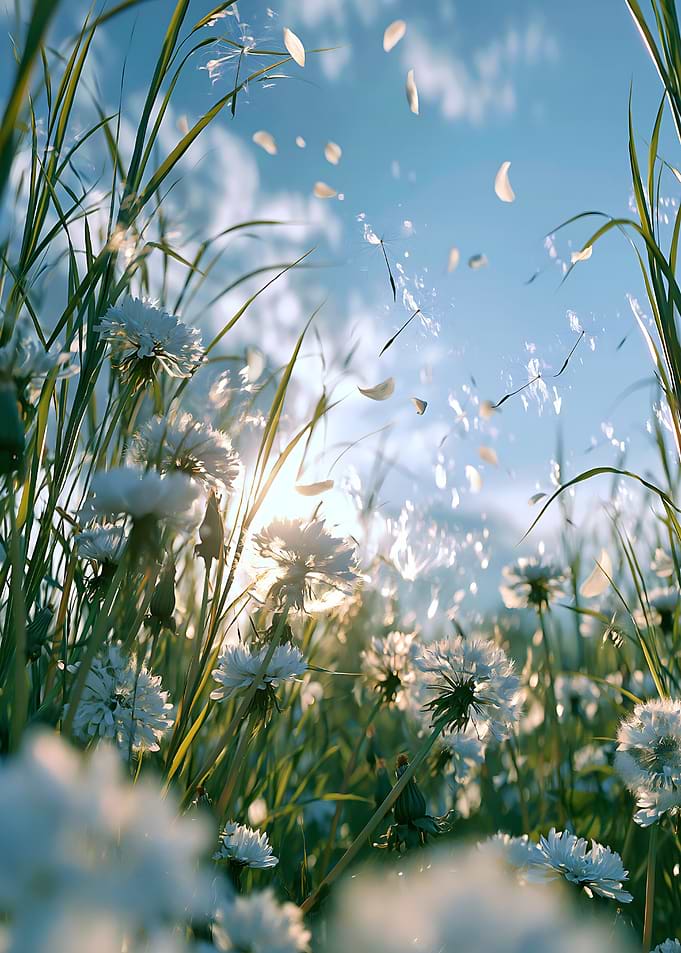 Dandelion Seeds Floating in Sunlight