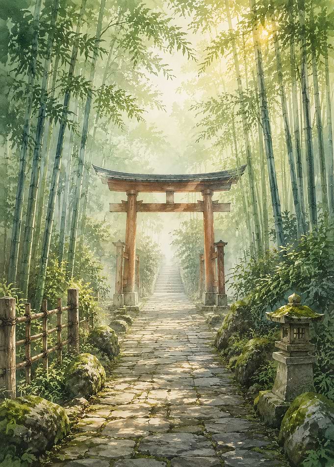 Serene Bamboo Forest Torii Gate Path