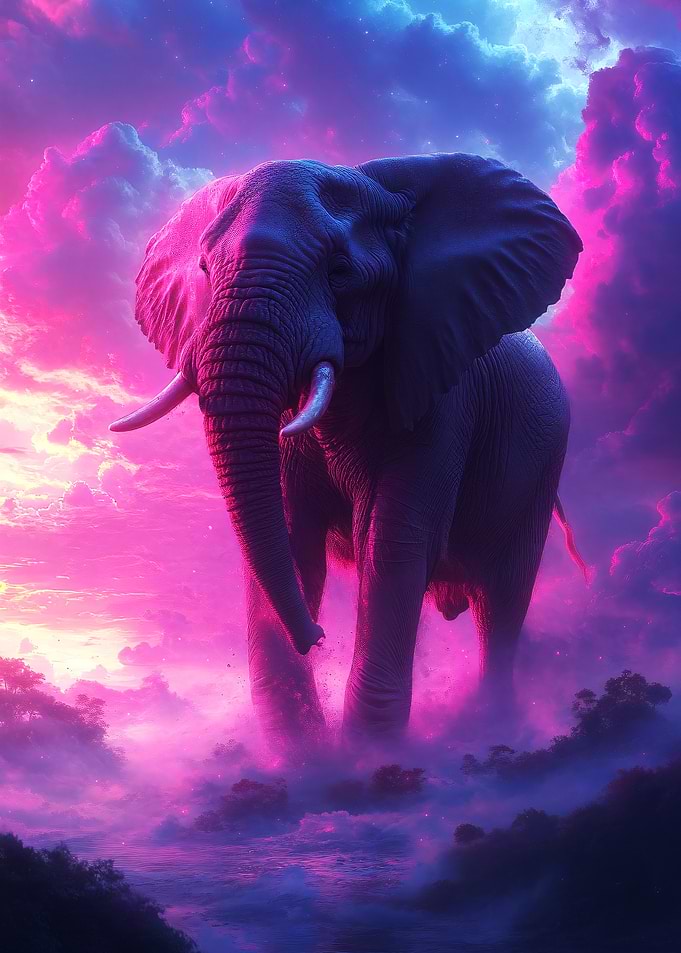 Majestic Elephant in Neon Clouds