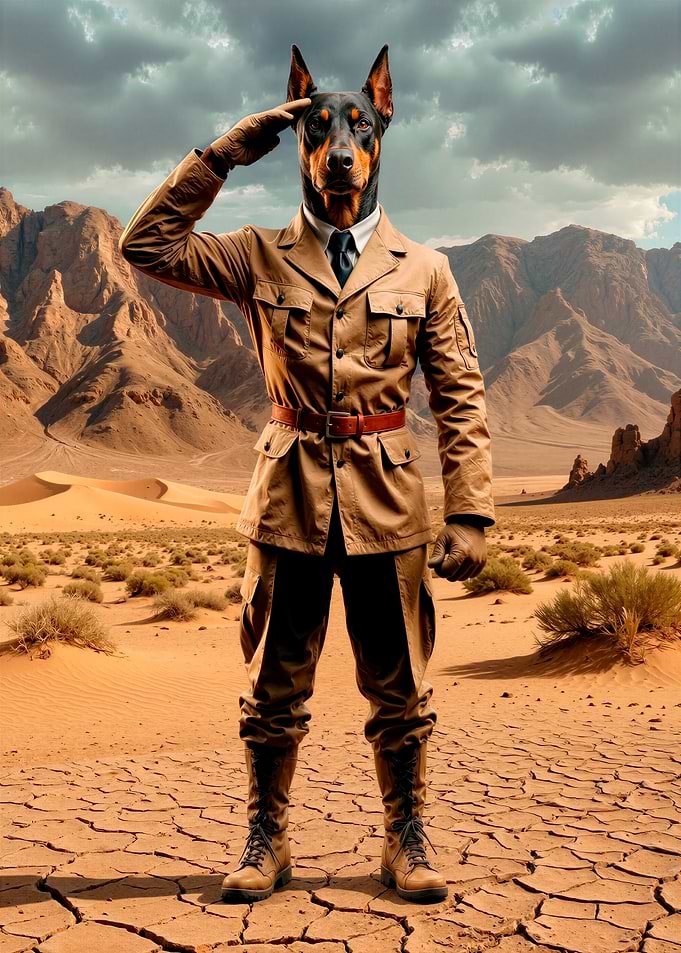 Doberman Soldier Saluting in Desert