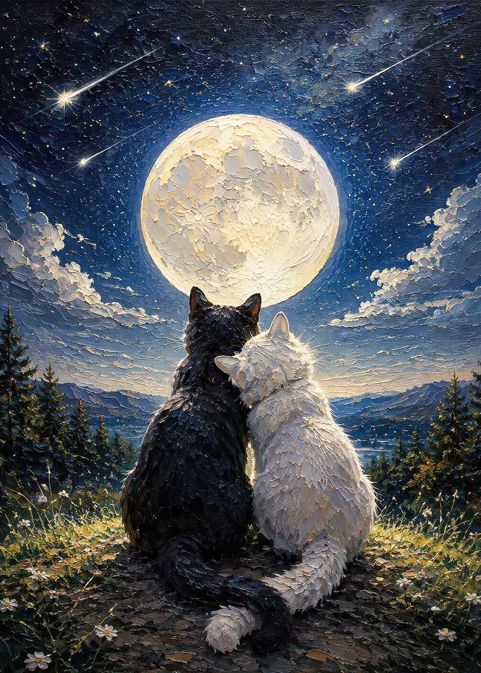 Two Cats Watching the Moon