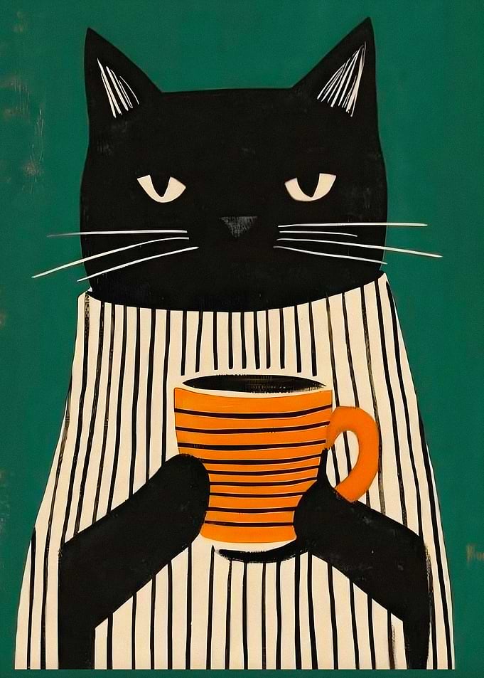 Black Cat Holding Orange Mug