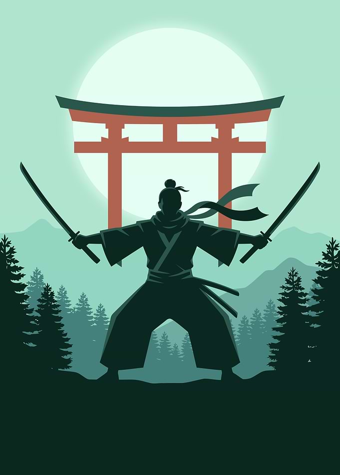 Shadow Samurai Under the Torii Gate