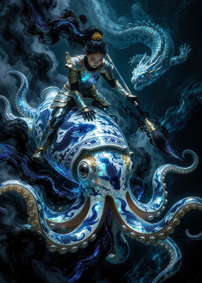 Warrior Riding Porcelain Octopus Dragon