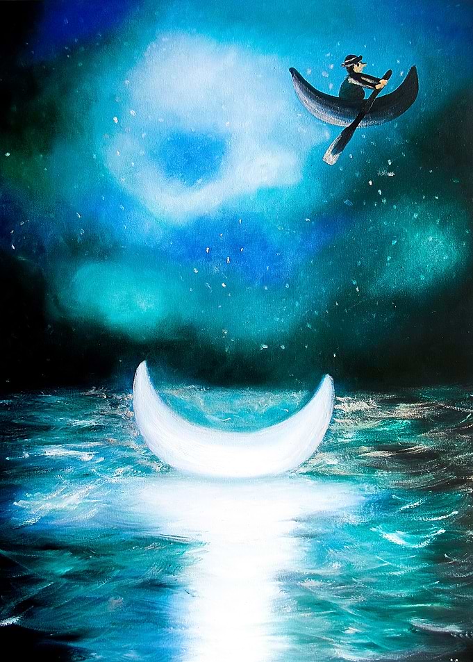 Sailing to the Moon: Boat and Crescent Moon at Night