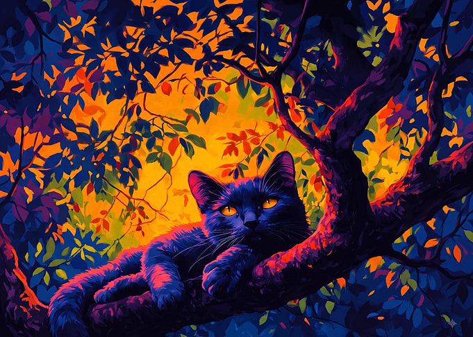 Vibrant Black Cat in Tree