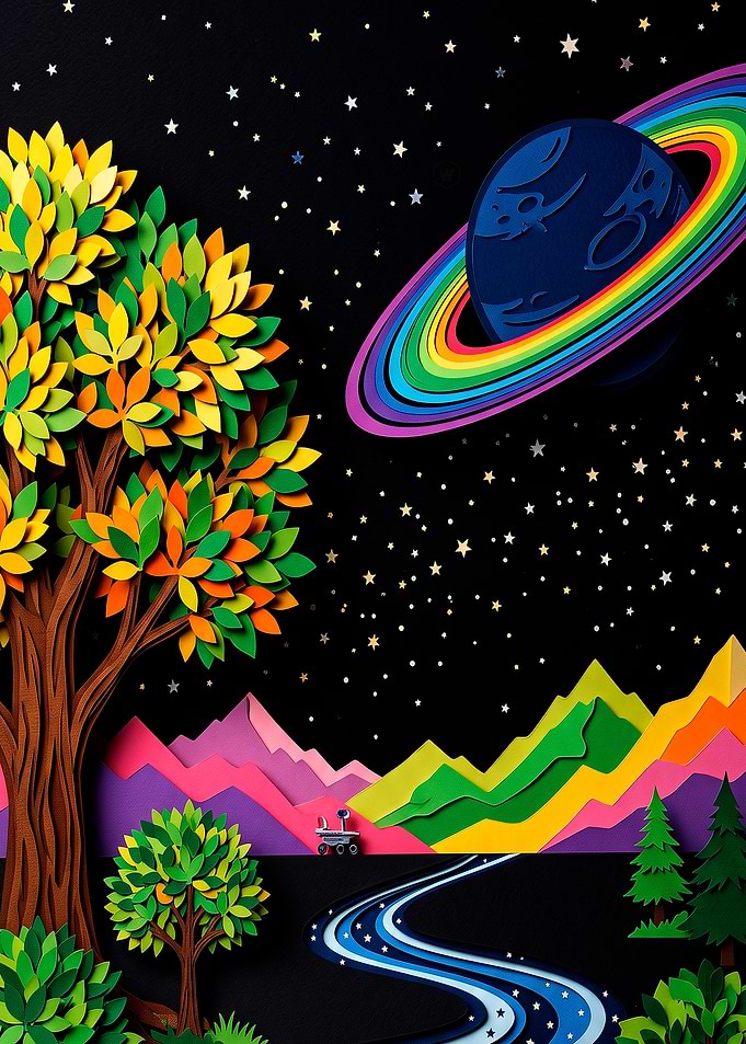 Papercraft Space Landscape with Rainbow Planet