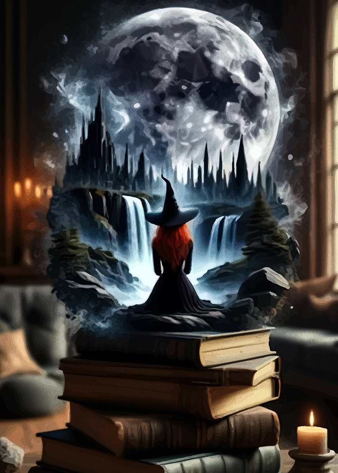 Witch Emerging from Magical Books