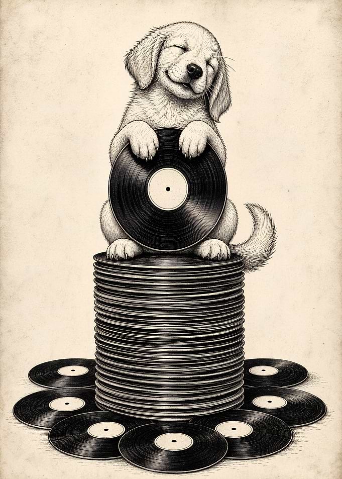 Happy Puppy With Vinyl Records Music