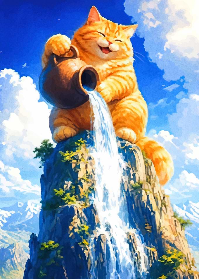 Giant Orange Cat Pouring Waterfall