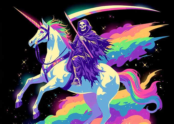 Grim Reaper Riding a Rainbow Unicorn