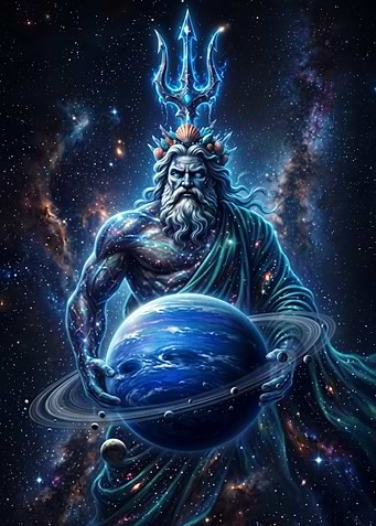Poseidon Holding Planet Neptune in Space