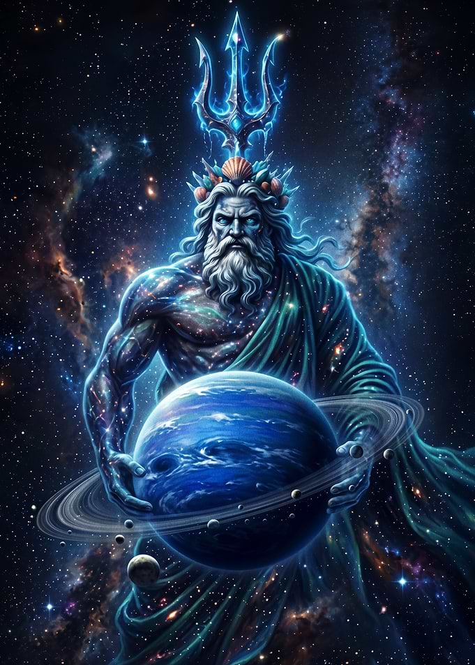 Poseidon Holding Planet Neptune in Space