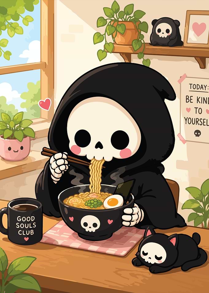 Cute Grim Reaper Eating Ramen