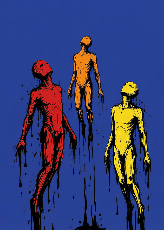 Three Floating Figures in Primary Colors