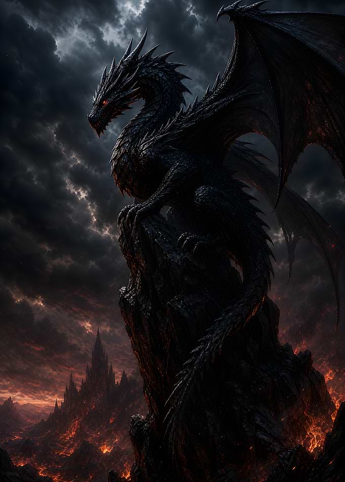 Majestic Black Dragon on Volcanic Peak