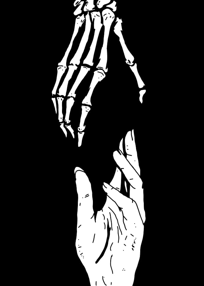Skeleton and Human Hand Reaching